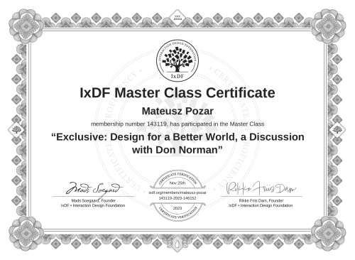 Exclusive: Design for a Better World, a Discussion with Don Norman certificate
