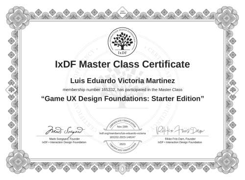 Game UX Design Foundations: Starter Edition certificate