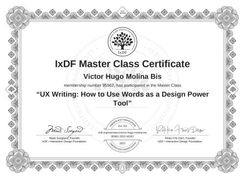 UX Writing: How to Use Words as a Design Power Tool certificate