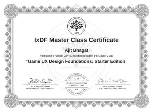 Game UX Design Foundations: Starter Edition certificate