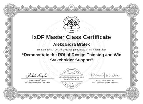 Demonstrate the ROI of Design Thinking and Win Stakeholder Support certificate