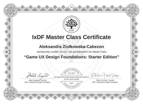 Game UX Design Foundations: Starter Edition certificate