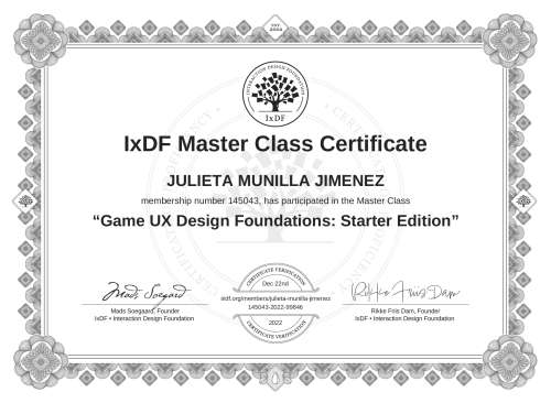 Game UX Design Foundations: Starter Edition certificate