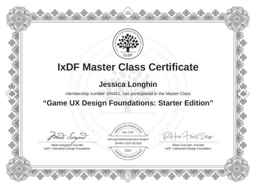 Game UX Design Foundations: Starter Edition certificate