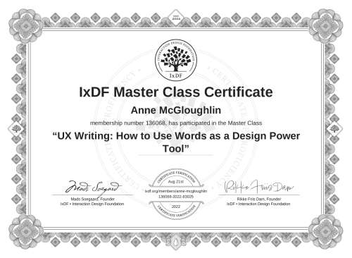 UX Writing: How to Use Words as a Design Power Tool certificate