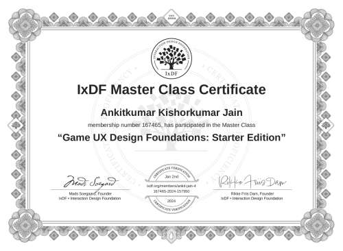 Game UX Design Foundations: Starter Edition certificate