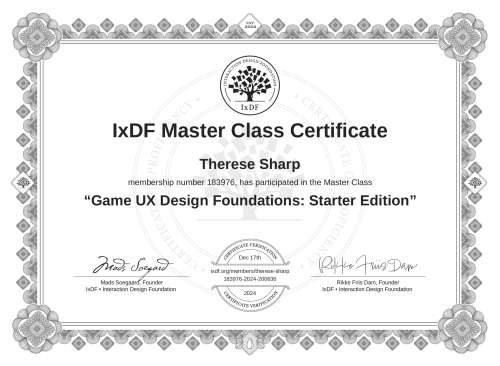 Game UX Design Foundations: Starter Edition certificate