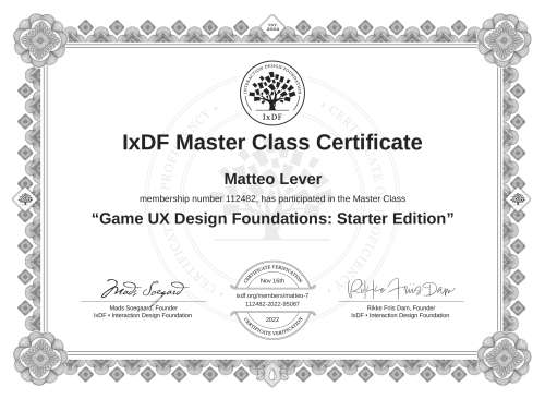 Game UX Design Foundations: Starter Edition certificate