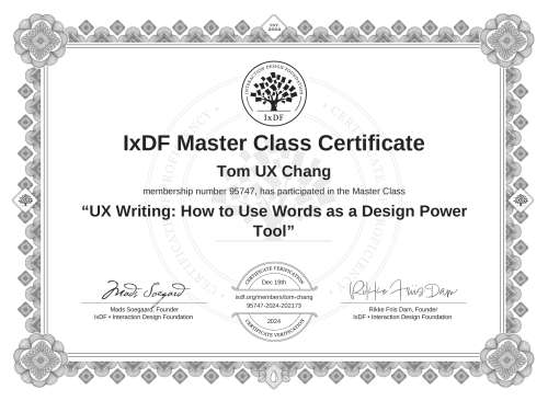 UX Writing: How to Use Words as a Design Power Tool certificate