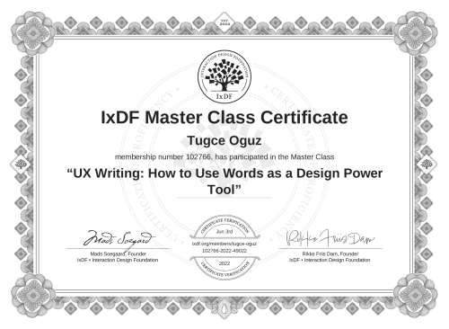 UX Writing: How to Use Words as a Design Power Tool certificate