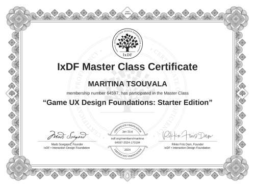 Game UX Design Foundations: Starter Edition certificate