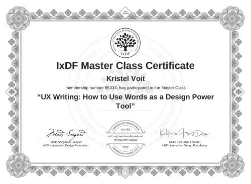 UX Writing: How to Use Words as a Design Power Tool certificate