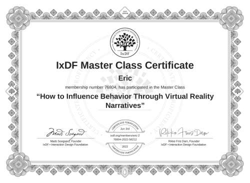How to Influence Behavior Through Virtual Reality Narratives certificate