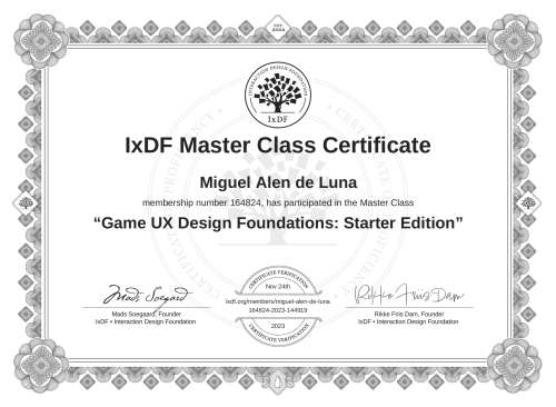Game UX Design Foundations: Starter Edition certificate