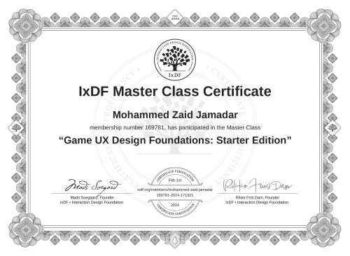 Game UX Design Foundations: Starter Edition certificate