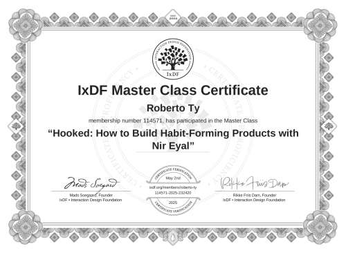 Hooked: How to Build Habit-Forming Products with Nir Eyal certificate