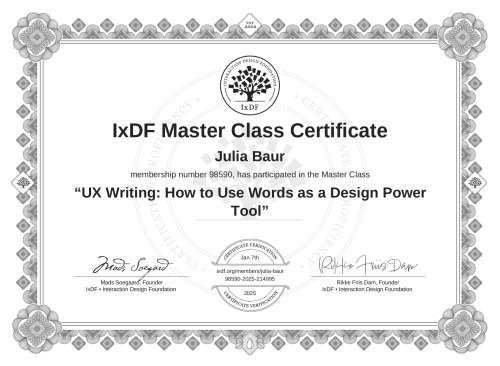 UX Writing: How to Use Words as a Design Power Tool certificate