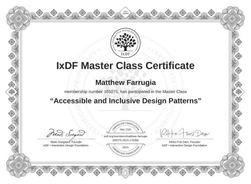 Accessible and Inclusive Design Patterns certificate