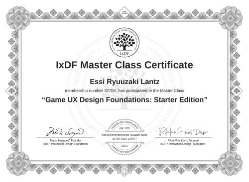 Game UX Design Foundations: Starter Edition certificate