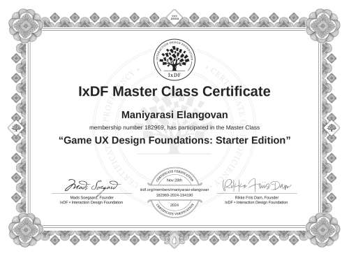 Game UX Design Foundations: Starter Edition certificate
