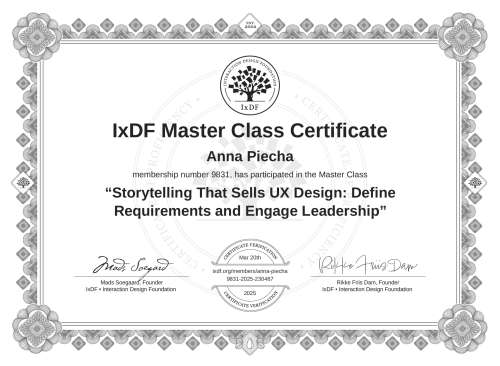 Storytelling That Sells UX Design: Define Requirements and Engage Leadership certificate