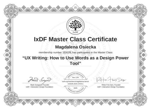 UX Writing: How to Use Words as a Design Power Tool certificate