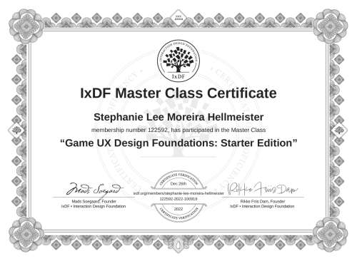 Game UX Design Foundations: Starter Edition certificate