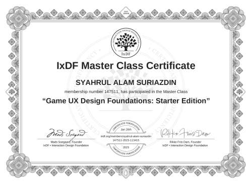 Game UX Design Foundations: Starter Edition certificate