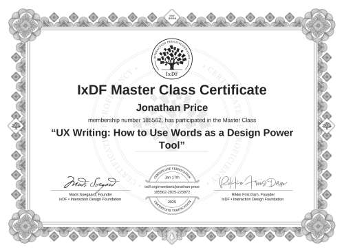 UX Writing: How to Use Words as a Design Power Tool certificate