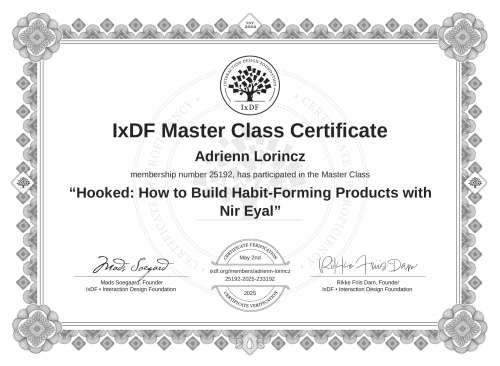 Hooked: How to Build Habit-Forming Products with Nir Eyal certificate