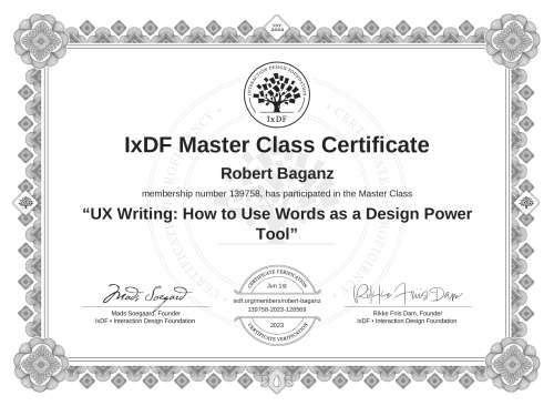 UX Writing: How to Use Words as a Design Power Tool certificate