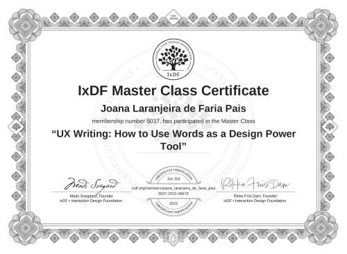 UX Writing: How to Use Words as a Design Power Tool certificate