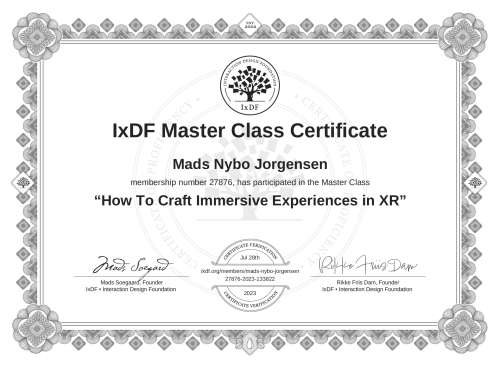 How To Craft Immersive Experiences in XR certificate