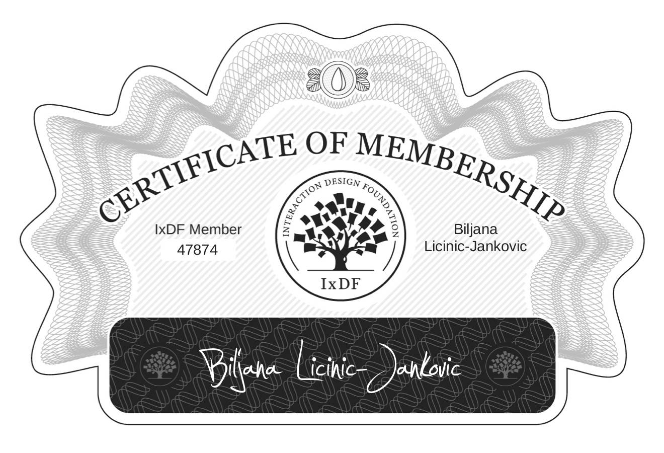 Certificate of Membership – Biljana Licinic-Jankovic